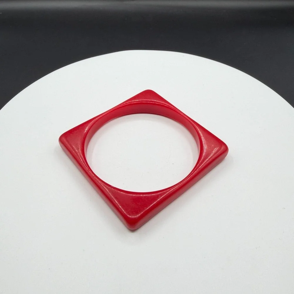 Red Geometric Square Lucite Bangle Bracelet Chunky Statement Retro Boho Gift